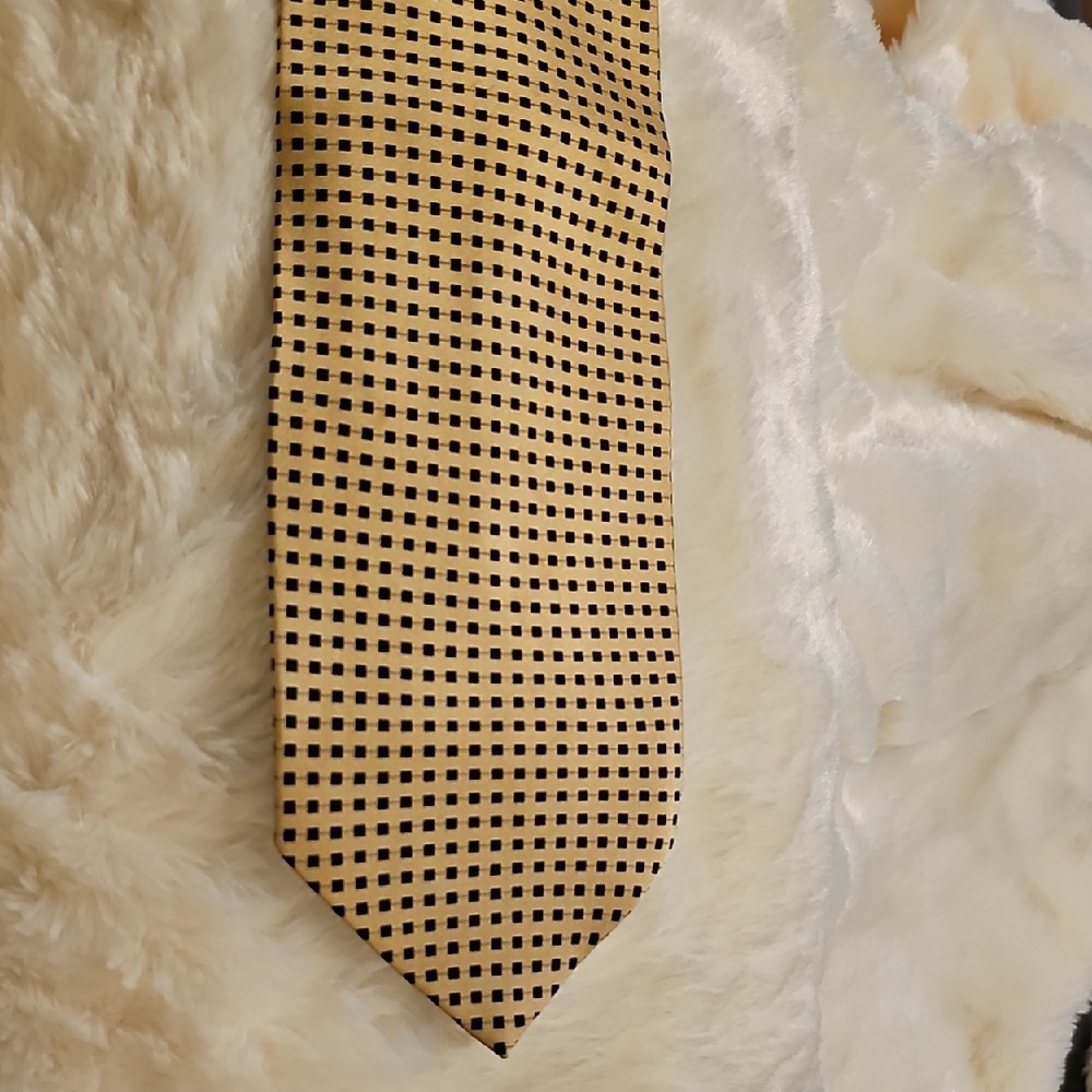Classic Black and Gold Checkered Tie By BERGAMO NEW YORK, Pure Silk Hand‎ Made